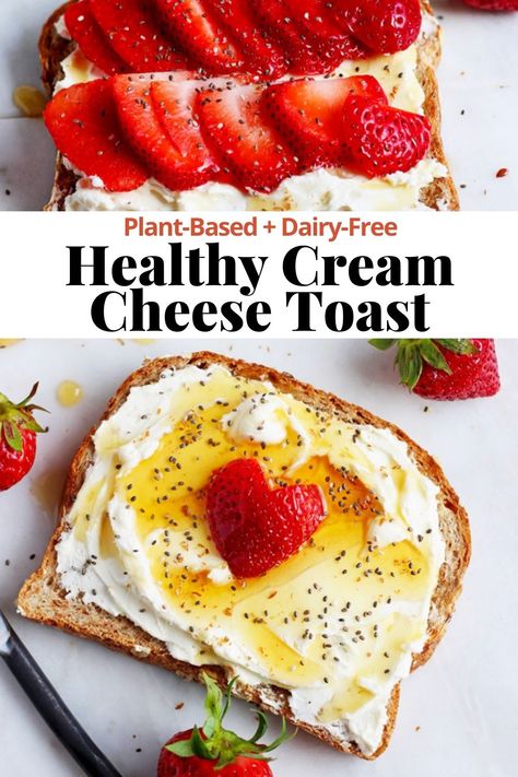 Cream Cheese Toast - a simple and delicious way to start your day! This easy cream cheese toast is topped with fresh strawberries, honey and chia seeds. Gluten-free friendly, dairy-free and plant-based. Such a great healthy breakfast idea! #creamcheesetoast #creamcheesetoastrecipe #thewoodenskillet #dairyfreebreakfast #thewoodenskillet Cream Cheese On Toast, Cream Cheese Snacks, Cream Cheese Toast, Berry Toast, Blueberry Smoothie Bowl, Cream Cheese Breakfast, Healthy Cream Cheese, Cheese Toast Recipe, Cheese On Toast