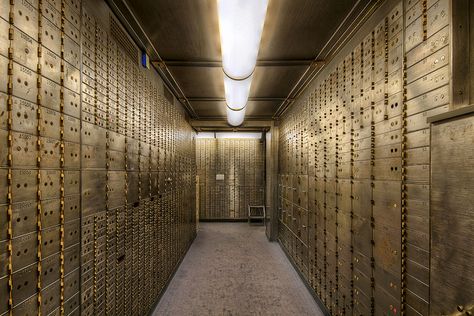 To create a story about the bar, I had the idea of referencing to the typical cabinetry u see in bank vaults which may be an interesting feature wall in the bar. This picture is of Safe Deposit Boxes in the Basement of the Historic US National Bank Vault - HDR | Flickr - Photo Sharing! Safety Deposit Box Ideas, Bank Robbery Aesthetic, Bank Vault Aesthetic, Vault Aesthetic, Bank Aesthetic, Bank Heist, Bank Vault, Radial Symmetry, Bank Bag