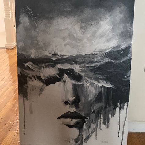 Black and white Acrylic paintings Back And White Painting, Black And White Canvas Art Acrylic Paintings, Black And White Figure Painting, Monochrome Acrylic Painting, Black And White Painting Aesthetic, Painting Ideas Oil Paint, Lonely Paintings, Black And White Painting Acrylic, Black And White Painting Ideas