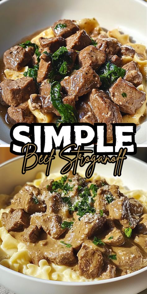 This classic Beef Stroganoff recipe is the ultimate comfort food! 🥩🍄 Rich, creamy, and hearty, it’s the perfect dish for family dinners or special occasions. Made with tender beef, creamy sauce, and mushrooms, this easy-to-follow recipe is guaranteed to satisfy your cravings. Ready in just 30 minutes, this easy Beef Stroganoff is a weeknight dinner winner!  #BeefStroganoff #ComfortFood #EasyDinner #QuickRecipes #FamilyMeals Beef Stroganoff With Red Wine Recipe, Recipes With Sliced Beef, Stovetop Beef Stroganoff, Old Fashioned Beef Stroganoff, Easy Beef Stroganoff Recipe, Simple Stroganoff Recipe, Stroganoff With Stew Meat, Beef Stroganoff With Stew Meat, Stroganoff Recipe Easy