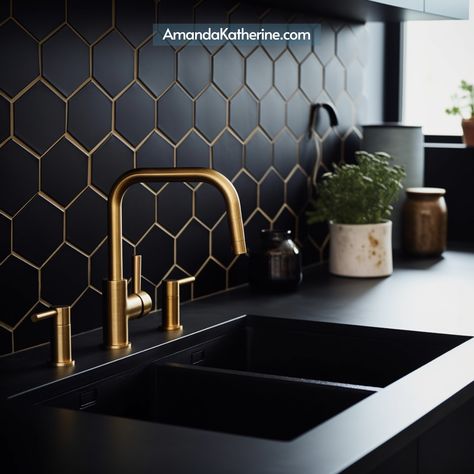 14+ Best Tile and Grout Color Combinations for Your Kitchen Backsplash & Bathroom - Amanda Katherine Black Hexagon Backsplash, Hexagon Tile Backsplash Kitchen, Tile Grout Color, Greige Kitchen Cabinets, Hexagon Tile Backsplash, Fireplace Wall Ideas, Black Hexagon Tile, Green Accent Wall, Fireplace Walls