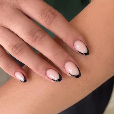 Bridesmaid Black Nails, Black And White French Tip Acrylic Nails, Nails To Go With Wine Color Dress, Short Almond Tip Nails, French Tips Almond With Design, Simple Black Christmas Nails, Black Cat Eye French Tip Nails, Black Nails Gel Short, Colored French Tip Acrylic Nails