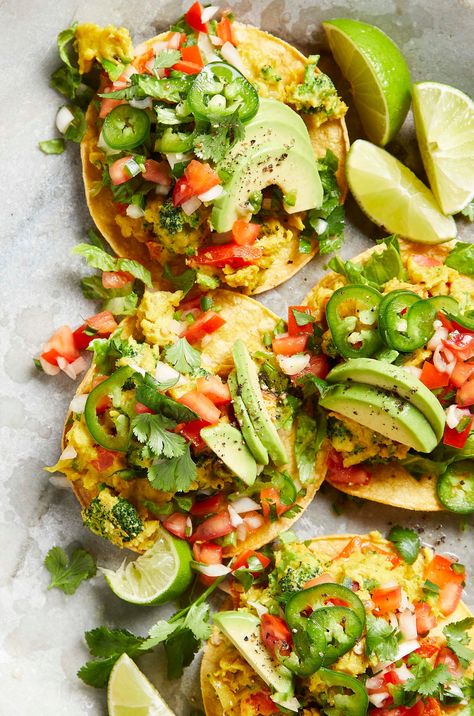 These Mexican-inspired vegan breakfast tostadas combine fresh veggies, creamy avocado, and crispy corn tortillas for a morning meal that’s hearty and healthy. Chickpea flour (also known as besan or gram flour) makes a cholesterol-free substitute for eggs that will keep you satisfied as you start your day. Turn up the heat by adding a spoonful of pico de gallo salsa with a zesty mix of jalapeño, cilantro, and lime juice. Crispy Corn Tortillas, Substitute For Eggs, Breakfast Tostadas, Cholesterol Free Recipes, Crispy Corn, Plant Based Diet Recipes, Cooking Courses, Eating Eggs, Forks Over Knives