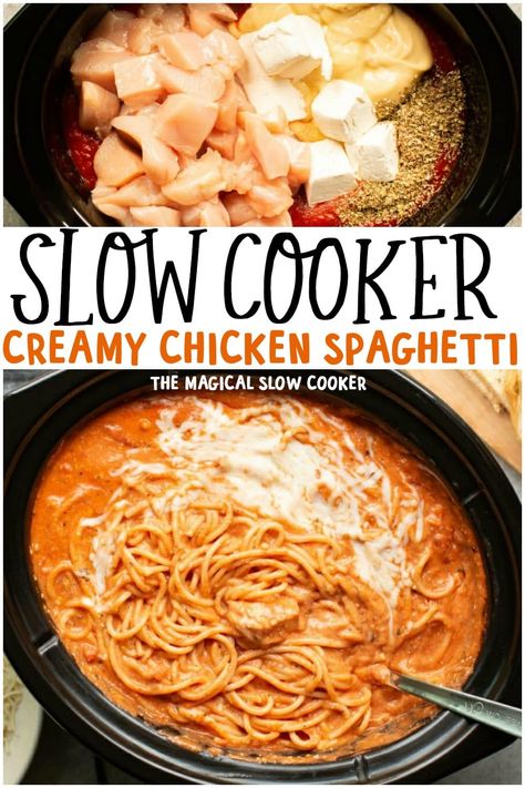 Want to try something different for dinner? Try this Slow Cooker Creamy Chicken Spaghetti, you will love it! Slow Cooker Chicken Spaghetti, Chicken Hotdish, Chicken Gloria, Best Chicken Spaghetti Recipe, Creamy Chicken Spaghetti, Crockpot Dinners Healthy, Crockpot Chicken Spaghetti, Simple Crockpot, Summer Crockpot Recipes