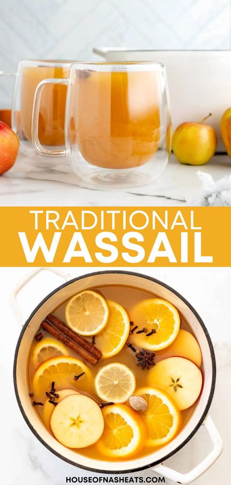 This traditional Wassail recipe is quick to prepare and incredibly versatile, promising good cheer and good health with every warming sip! The fragrance of this hot mulled cider drink is enough to fill a home with holiday spirit, making it a delightful addition to any Christmas Eve or New Year’s Eve gathering. This hot drink is sure to bring warmth and joy to your home throughout the winter season. | christmas wassail recipe holiday drinks Spiced Wassail Recipe, Hot Lemon Drink, Holiday Wassail Recipe, Hot Wassail Recipe Crock Pot, Homemade Wassail Recipe, Wassle Drink, How To Make Wassail, Wassil Recipe Drink, Homemade Drink Recipes