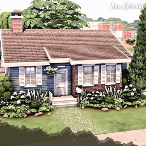 Base Game & Basement Treasures Ts4 Starter Home, 70s Neighborhood, Sims 4 Floorplan Starter Home, Base Game House Sims 4, Sims Starter Home, Sims 4 Basement Ideas, Sims Base Game House, Starter House Sims 4, Tiny Home Sims 4