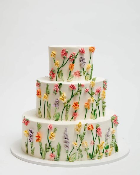 Edible Wildflower Cake, Floral Decorated Cake, Wedding Cupcakes Colorful, Wild Flower Cake Design, White Wedding Cake With Colorful Flowers, Wedding Cake With Piped Flowers, Bright Cake Ideas, Simple Flower Wedding Cake, Wildflower Sheet Cake