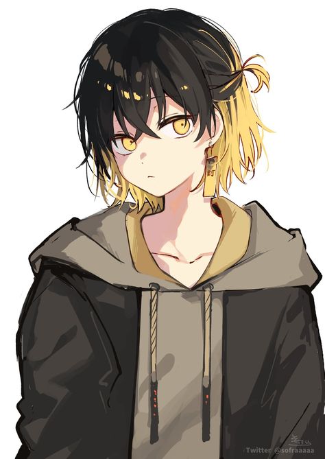 Blonde Hair Yellow Eyes Anime, Anime Closed Eyes, Black Hair Yellow Eyes, Blonde Anime Boy, Bangs Black Hair, Streaked Hair, Blue Hair Anime Boy, Brown Hair Boy, Twitter Username