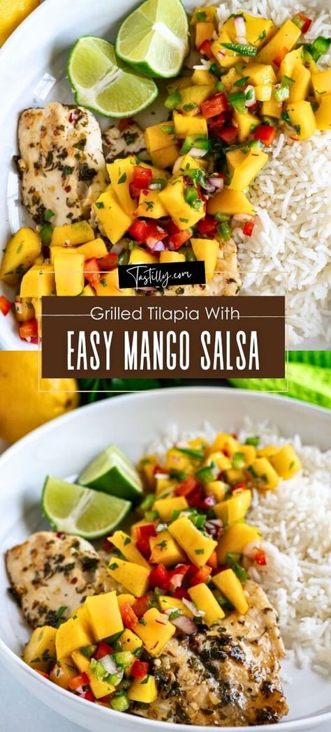 Quick Grilled Tilapia With Easy Mango Salsa – Tastilly Mango Tilapia, Mango Recipes For Dinner, Mango Salsa For Fish, Tilapia With Mango Salsa, Grilled Tilapia Recipes, Tilapia Dinner, Best Fish Taco Recipe, Mango Salsa Salmon, Seafood Dinners