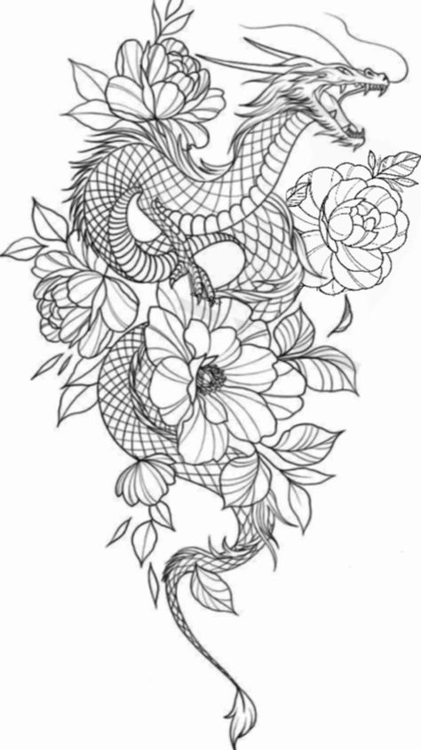 Dragon With Flowers Tattoo Designs, Dragon And Peony Tattoo, Dragon With Roses Tattoo, Floral Dragon Tattoo, Dragon Tattoo With Flowers, 2023 Drawing, Water Lily Tattoos, Lillies Tattoo, Geometric Mandala Tattoo