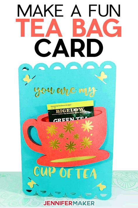 Tea Bag Card SVG cut file and tutorial - holds a tea bag inside a tea cup #cricut #cardmaking #papercraft Cards With Tea Bags, Tea Svg Files Free, Cricut Cards Ideas Cardmaking, Tea Cup Card, Ikea Craft Room, Jennifer Maker, Japanese Paper Lanterns, Royal Tea, Card Svg