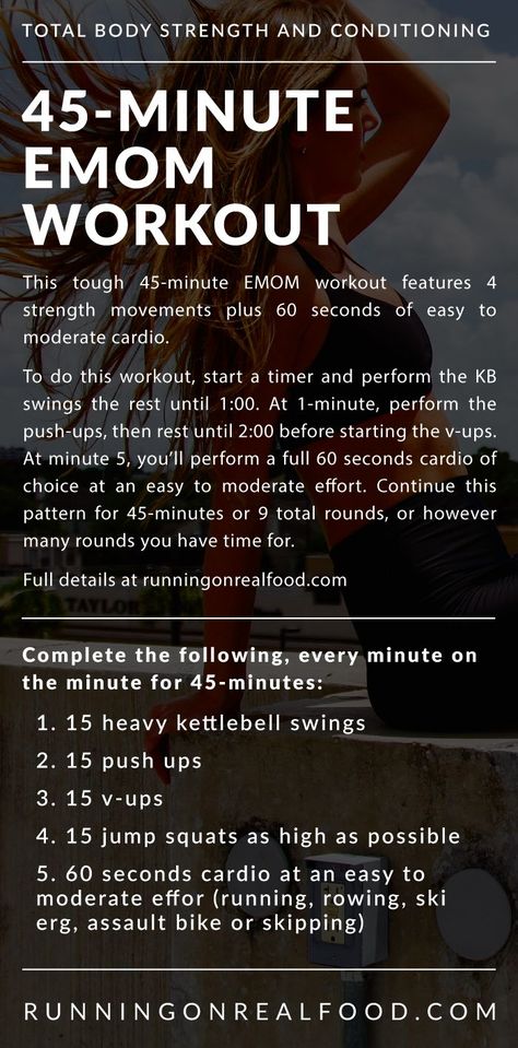 A 45-minute EMOM workout featuring kettlebell swings, v-ups, jump squats, push ups and cardio. Try it for a full-body strength and conditioning workout. Emom Workout, 45 Minute Workout, Strength And Conditioning Workouts, Strength Conditioning By Body Part, Fitness Pal, Conditioning Workouts, Kettlebell Training, Kettlebell Swings, Workout Program