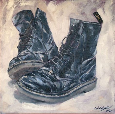 Doc Martens Drawing Reference, Shoe Painting Ideas On Canvas, Fightertown Usa, Boot Drawing, Boot Painting, Boots Painting, Boots Drawing, High School Art Projects, David Mitchell