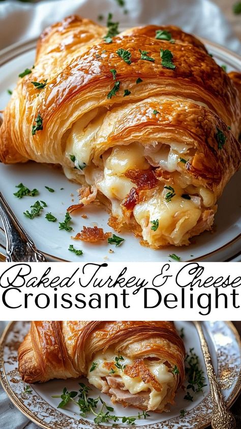 Enjoy this Cheesy Turkey Croissant Bake, combining flaky croissants, turkey, and cheese into a savory dish that’s ideal for fall recipes. It’s easy to make and perfect for family meals, offering a filling, comforting bite with every serving. Turkey Cheese Croissant Crescent Rolls, Easy Stuffed Croissants, Turkey And Cheese Croissant Sandwich, Turkey And Cheese Croissant, Croissant Sandwich Ideas Lunches, Leftover Croissants Recipes, Things To Do With Croissants, Turkey Crescent Roll Ups, Croissant Casserole Dinner