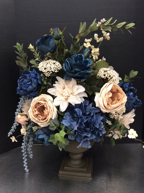 Blue and cream silk floral arrangement Flower Arrangements Ideas, Blue Flower Arrangements, Fake Flower Arrangements, Sogetsu Ikebana, Fall Flower Arrangements, Artificial Floral Arrangements, Fall Floral Arrangements, Diy Arrangements, Fall Flower