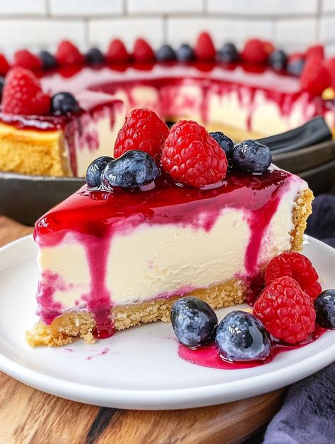 Sumptuous Raspberry Cheesecake Confection  🍇 𝗜𝗻𝗴𝗿𝗲𝗱𝗶𝗲𝗻𝘁𝘀 🍇 For the Raspberry Cheesecake: 16 oz cream cheese (room temperature) 🧀 ½ cup granulated sugar 🍬 2 tbsp all-purpose flour 🌾 1 tsp vanilla extract 🍦 2 large eggs  1 cup fresh raspberries (halved) 🍇 2 tbsp raspberry jam 🍓 ¼ cup sour cream 🥛 ¼ cup heavy cream 🥛 Red food coloring (optional) 🌈 For the Berry Cake Layers: 1 box white cake mix 🍰 Eggs, oil, water  🥚🛢💧 1 cup fresh blueberries  ½ cup fresh raspberries Cheesecake With Berries, Mixed Berry Cheesecake, Raspberry Topping, Bday Vibes, Berry Cheesecake, Nice Food, Cake Layers, Berry Cake, Cheesecake Filling