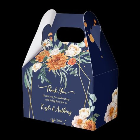 Navy blue orange white flowrs wedding custom favor boxes Personalized Favor Boxes, Orange Dream, Frame Floral, Background Gold, Wedding Personalized, Blue Orange White, Custom Wedding Favours, Custom Favor, Mom Wedding