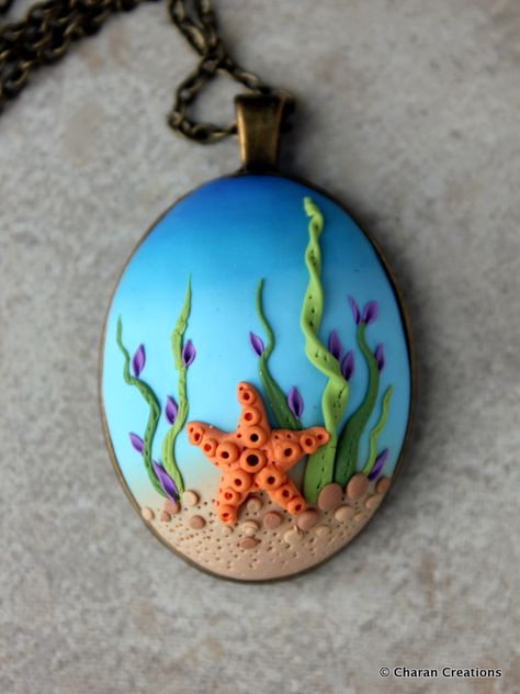 Ocean Floor Polymer Clay Applique Pendant by CharanCreations on DeviantArt Polymer Clay Fish, Ocean Plants, Sea Background, Polymer Clay Embroidery, Clay Pendants, Polymer Clay Jewelry Tutorials, Polymer Clay Ornaments, Ocean Floor, Polymer Clay Jewelry Diy