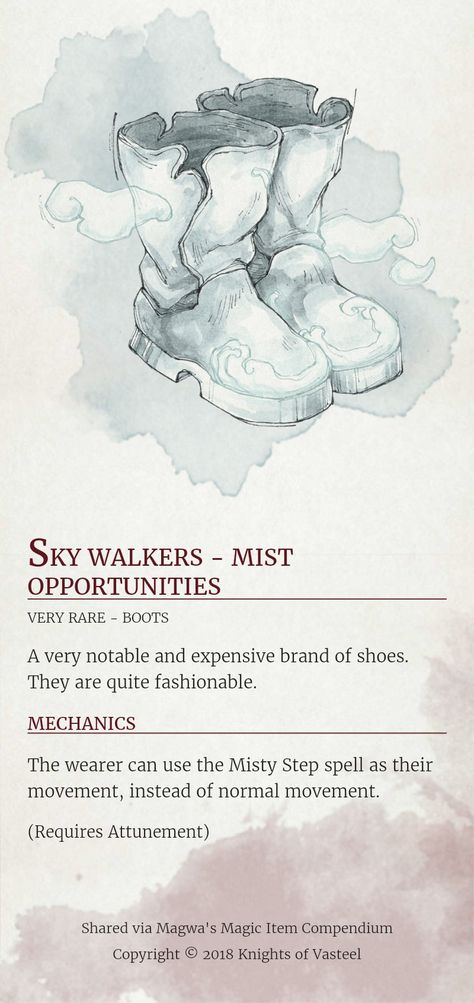 Dnd 5e Magic Clothes, Magic Boots Dnd, Dnd Magic Items Swords, Dnd Wondrous Items, D&d Items, Dnd Items Homebrew, Dnd Magic Items, Fantasy Store, Magic Armor