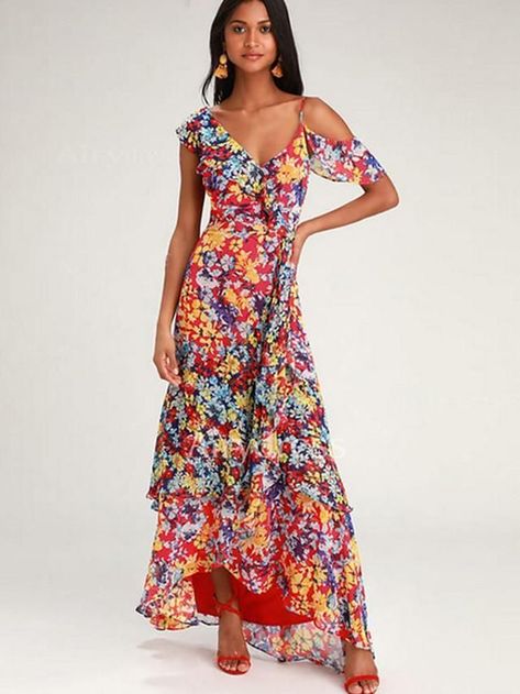 97d0145823aeb8ed80617be62e08bdccdesc52887589ri Floral Print Chiffon Maxi Dress, Red Floral Print Dress, Asymmetrical Maxi Dress, Afrikaanse Mode, Maxi Long Dress, Red Chiffon, Floral Print Chiffon, Maxi Robes, Dress Short Sleeve