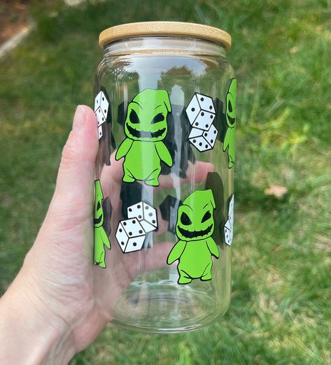 Custom Cups Ideas, Beer Tumbler Ideas, Nightmare Before Christmas Cup Ideas, Cup Designs Ideas, Oogie Boogie Tattoo, Disney Glass Cups, Oogie Boogie Starbucks Cup, Nightmare Before Christmas Cup, Halloween Cup Ideas