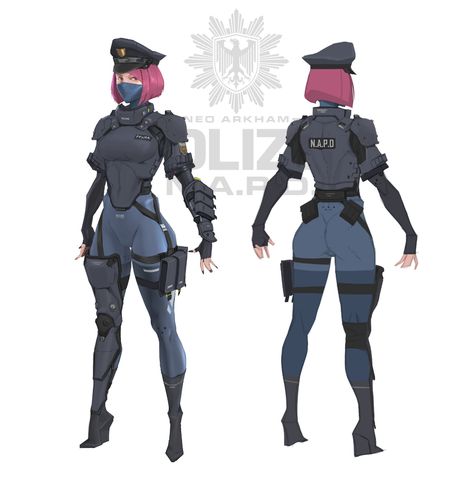 ArtStation - 20220704 Sci Fi Pose Reference, Female Police Officer Character Design, Combat Suit Concept Art, Combat Outfit Female Character Design, Cyberpunk Female Character Design, Character Concept Design, Police Design, Police Outfit, Female Armor