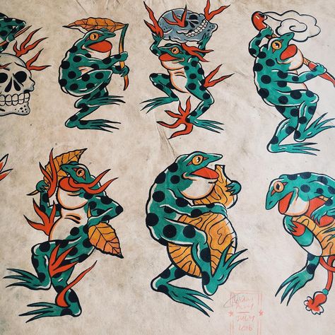 Part of a big sheet of Japanese frogs I painted back in July. Still got loads of these available and ready to be tattooed. Would be amazing to do a traditional Japanese sleeve with these!  for tattoo appointments  Blackeyespecialisttattoo@gmail.com Or you can visit the shop @thefamilybusinesstattoo to browse through my flash books and make an appointment. Thank you ****************************************** #americanatattoos #tattooistartmag #bright_and_bold #besttradtattoos #traditionalt... Japanese Frog Tattoo, Traditional Japanese Tattoo Flash, Japanese Frog, Tattoos Pinterest, Frog Tattoo, Frog Illustration, Frog Tattoos, Tattoo Traditional, Japanese Tattoos