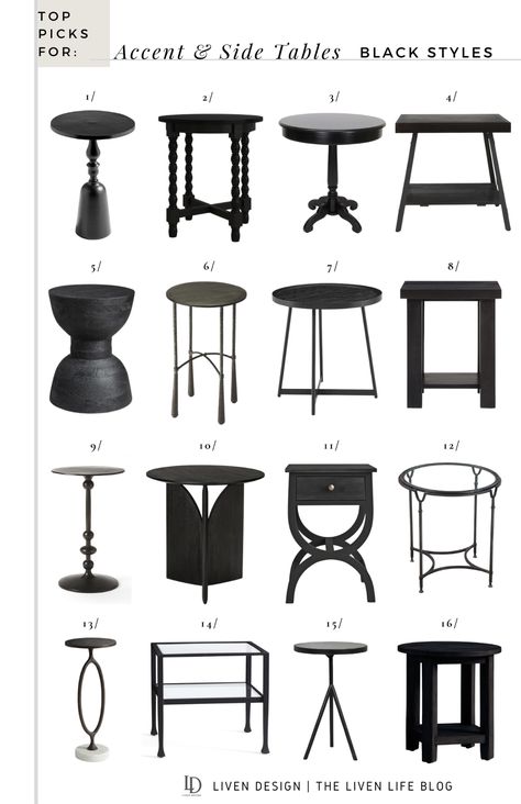 Top Picks for Black Accent & End Tables for the Home — LIVEN DESIGN Black Pedestal Side Table, Black And White End Table, Black End Tables Living Room, Black Side Table Bedroom, Black Side Table Living Room, Barn Home Decor, Black Side Tables, Small Living Room Table, Pottery Barn Home