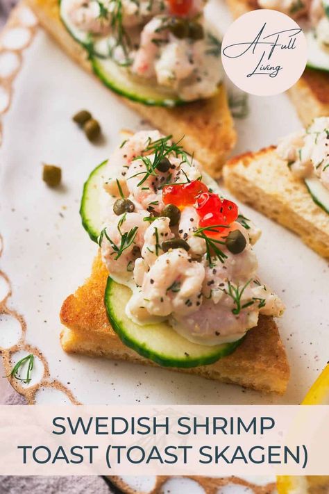 This Swedish Shrimp Toast, aka Toast Skagen is a classic and simple, yet elegant Swedish appetizer. It starts with a herbed and creamy shrimp salad, served over buttery toasted white bread, then topped with caviar, fresh dill, and capers. Serve these refreshing and sophisticated open-faced sandwiches for special occasions, or any time! Swedish Shrimp Salad, Norwegian Dishes, Creamy Shrimp Salad, Chicken And Shrimp Carbonara, New Orleans Bbq Shrimp, Nordic Recipe, Shrimp Toast, Creamy Shrimp, Bbq Shrimp