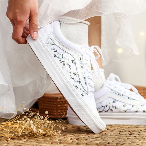 "Price includes: Shoes + Embroidery as shown Converse Custom shoes are meticulously hand-embroidered with non-fading thread, sturdy and durable. Embroidered Converse shoes can be used for daily use, school shoes, wedding shoes for brides,... Will definitely be a unique gift for girlfriends, niece gifts, daughter gifts, men's gifts,... or any of your relatives. Let me help you pack and send them as gift boxes, you just need: Select \"Gift wrapping available\" when ordering To customize gift boxes, gift wrapping paper suitable for birthdays, Christmas gifts.... please leave a message In addition, I can also help you leave a handwritten message through a lovely card. 1. CUSTOM  In addition to the embroidery patterns I post, I am happy to receive embroidery patterns ordered by you, for example Embroidery Wedding Shoes, Flat Wedding Shoes For Bride, Wedding Trainers, Wedding Sneakers For Bride, Wedding Vans, Embroidered Vans, Shoes Embroidery, Unique Gifts For Girlfriend, Vans Custom