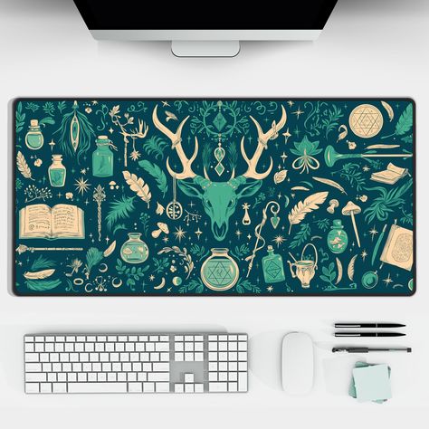 Desk Pad Design, Witchy Workspace, Desk Mat Design, Wicca Aesthetic, Desk Mat Pad, Aesthetic Mouse Pad, Cottagecore Desk, Witchy Cottagecore, Art Motifs