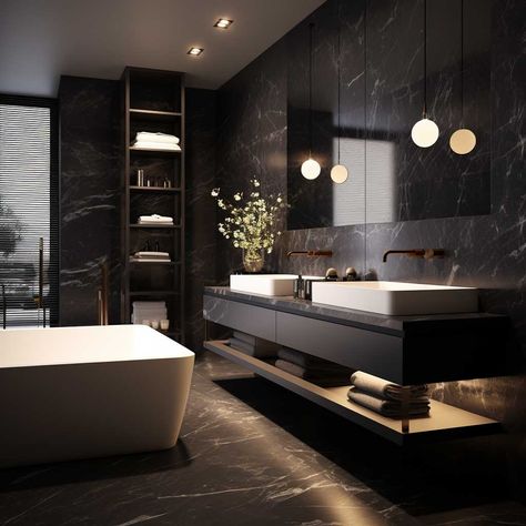 10+ Ideas for Creating a Luxury Modern Black Bathroom to Impress • 333+ Images • [ArtFacade] High End Bathroom Design, High End Bathroom Design Luxury, Dark Grey Tile Bathroom, Dark Modern Bathroom, High End Bathroom, Modern Black Bathroom, Wood Tile Bathroom, Dark Gray Bathroom, Grey Bathroom Tiles