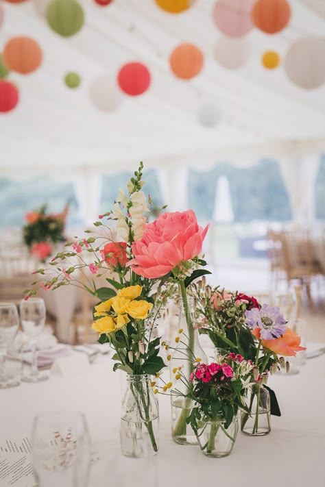 Colourful Hanging Paper Lantern & Wild Flower Filled Marquee Wedding Flower Centrepieces, Hanging Paper Lanterns, Unique Wedding Flowers, Bright Wedding, Paper Lantern, Flower Centerpieces Wedding, Marquee Wedding, Wildflower Wedding, Wedding Flower Arrangements