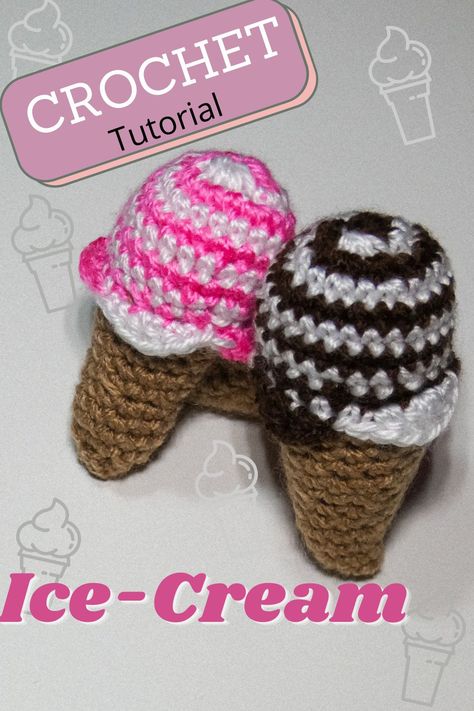 Swirly Ice-cream cones using the 4 yarn color spiral method to obtain a double flavored ice-cream cone. Here is a step by step tutorial of how I managed to create these ice-cream cones. Prefect as amigurumi play food. Crochet A Spiral, Hello Kitty Ice Cream, Crochet Hello Kitty, Flavored Ice, Paper Dogs, Mermaid Coloring, Hello Kitty Collection, Play Food, Dog Bone