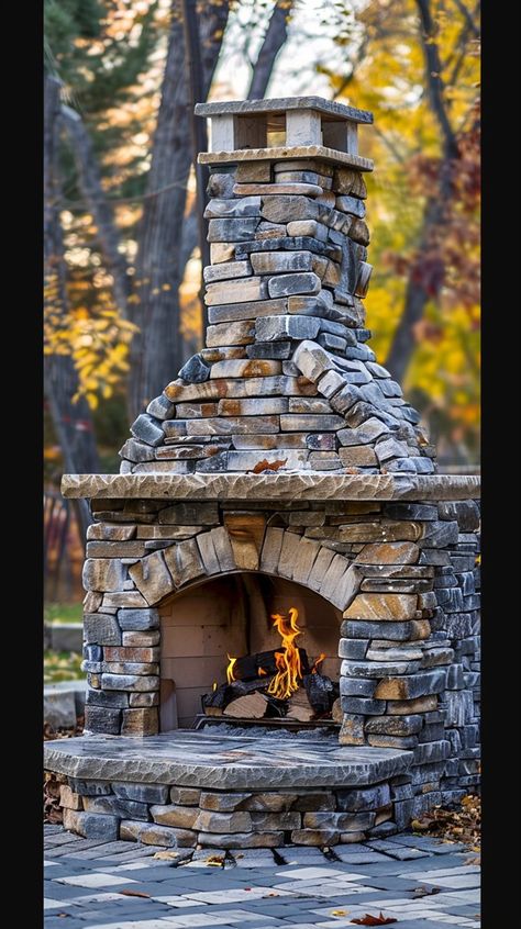 Outdoor Fireplaces Ideas, Ranch Landscaping Ideas, Russian Stove, Outdoor Fireplace Ideas, Rustic Outdoor Fireplaces, Chalet Ideas, Outdoor Stone Fireplaces, Patio Upgrade, Outdoor Wood Burning Fireplace