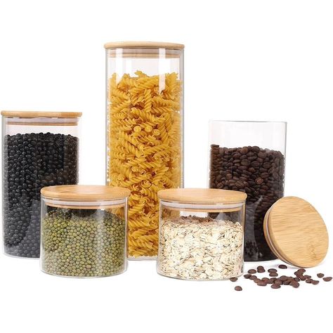 Stackable Kitchen Canisters Set, Pack of 5 Clear Glass Food Storage Jars Containers - Walmart.com Desain Pantry, Glass Storage Containers, Glass Storage Jars, Glass Canisters, Storage Canisters, Glass Food Storage, Glass Food Storage Containers, Food Jar, Glass Storage