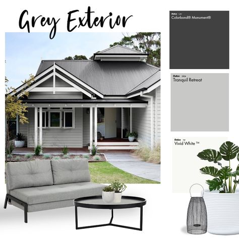 A pale grey "tranquil retreat" is a striking contrast with the vivid white trim and dark Monument colourbond roofing in this exterior mood board created using our mood board tool. View the published mood board via the link. Grey dulux paint, exterior house colours, weatherboard, facade, exterior colour palette, edwardian. Grey And White Cottage Exterior, Houses Colours Exterior, Grey External House Colours, White And Monument House, White And Grey Exterior House, Grey Roof White House, Colour Palette For House Exterior, Grey And White Exterior House Colors, Dark Grey Roof House Exterior Paint