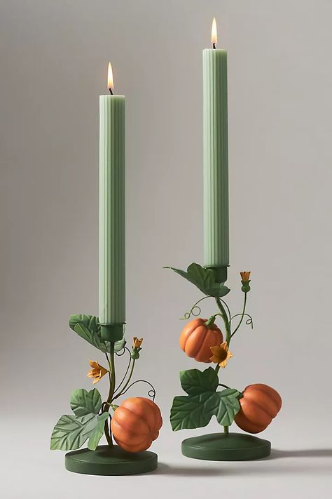 New Fall Home and Furniture Décor | AnthroLiving Anthropologie Halloween, Halloween Interior Decor, Simple Thanksgiving Decor, Stylish Halloween Decor, Halloween Candle Holder, Wood Pillar Candle Holders, Living Room Candles, Anthropologie Candle, Pearl Candle