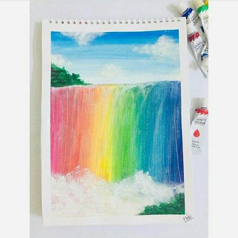 Guoache Rainbow Waterfall Painting Paintings To Recreate, Waterfall Drawing, Rainbow Waterfall, Waterfall Painting, Rainbow Drawing, Waterfall Pictures, Waterfall Paintings, 수채화 그림, Want To Draw