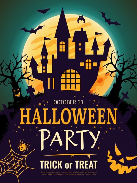 Halloween poster. Scary party invitation flyer template with horror symbols pumpkin bones skull halloween background. Download it at freepik.com! #Freepik #vector #poster #party #halloween #house New Year Signs, Horror Castle, Games For Little Kids, Halloween Invitation Card, Scary Party, Halloween Party Poster, Halloween Coloring Book, Invitation Flyer, Halloween Poster