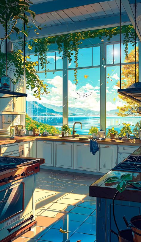 The secret ingredient in any recipe is a well-designed kitchen layout. I'm no interior architect, but we all know a game-changer when we… | Instagram Anime Kitchen Aesthetic, Studio Ghibli Kitchen, Fantasy Interior, Coloring Aesthetic, Place Aesthetic, Kitchen Illustration, Wallpaper Galaxy, Gaming Wallpaper, Studio Ghibli Background