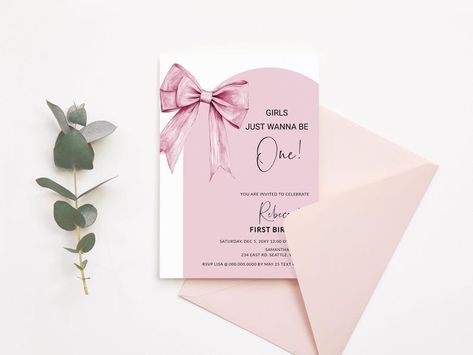 Pink Bow Birthday Invitation Girls Just Wanna Be One Birthday, Bow Invitation, Invitation 1st Birthday, First Birthday Invite, Bow Birthday, Party Stationery, First Birthday Invitations, Wedding Invitations Diy, Birthday Invite