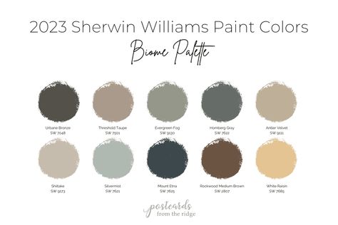 Sherwin Williams 2023 Paint Colors - Postcards from the Ridge Green Paint Colors Sherwin Williams, Sherwin Williams 2023, Interior Door Paint Colors, Paint Colors Sherwin Williams, Interior Paint Schemes, Sherwin Williams Color Palette, Dark Trim, Choosing Paint, Popular Paint Colors