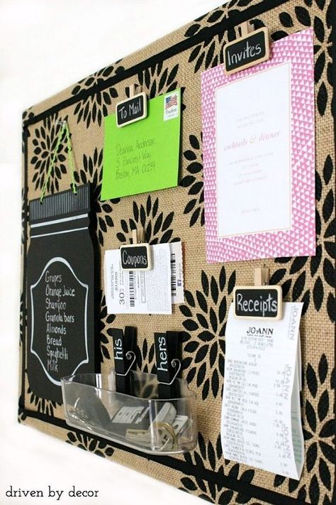 Simple tutorial for creating this cute patterned burlap bulletin board. Love the chalkboard clips! Cool Bulletin Boards, Burlap Bulletin Boards, Office Bulletin Boards, Diy Bulletin Board, Driven By Decor, Family Command Center, Organization Board, Paper Clutter, Diy Burlap