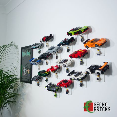 Lego Cars Display, Lego Speed Champions Display Ideas, Speed Champions Display, Lego Car Room Decor, Lego Car Display Ideas, Model Car Shelf Ideas, Lego Speed Champions Display, Model Car Display Ideas, Lego Cars On Wall