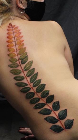 65 Trendy Spine Tattoos, Designs, & Ideas - Tattoo Me Now Leaves Back Tattoo, Vanessa Core, Inner Ear Tattoo, Floral Back Tattoos, Spine Tattoo Ideas, Branch With Leaves, Scar Tattoo, Cool Chest Tattoos, Watercolor Tattoos