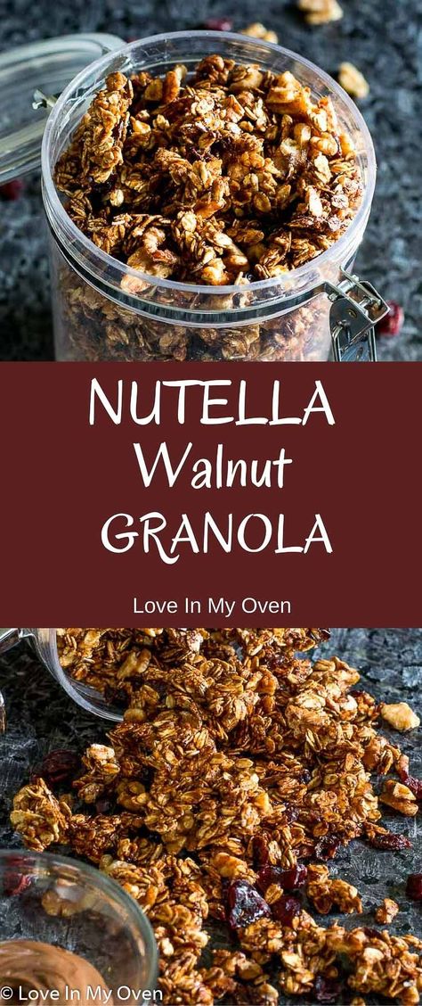 Chocolatey, nutty, crunchy granola. Breakfast, dessert, or a late-night snack! via @loveinmyoven Walnut Granola, Granola Breakfast, Crunchy Granola, Late Night Snacks, Healthy Routine, Granola Recipes, Fun Treats, Foodie Recipes, Breakfast Dessert