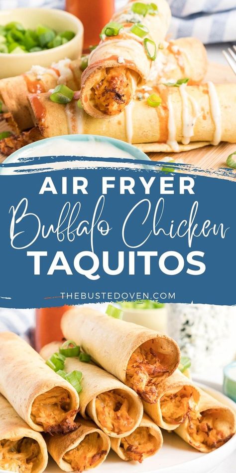 Buffalo chicken taquitos on a plate, topped with blue cheese dressing and green onion. Buffalo Chicken Roll Up, Buffalo Chicken Taquitos, Air Fryer Buffalo Chicken, Buffalo Chicken Rolls, Buffalo Chicken Wraps, Chicken Dip Recipe, Buffalo Chicken Dip Recipe, Chicken Taquitos, Air Fried Chicken