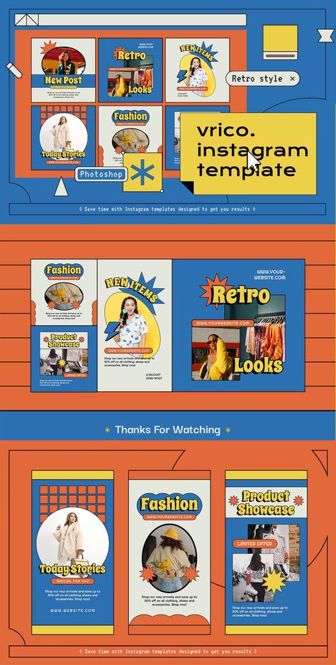 Vrico Instagram Post & Stories Template PSD Instagram Post Ideas Graphic Design, Cool Social Media Posts, Retro Feeds, Retro Instagram Post, Story Instagram Highlight, Ig Story Template, Instagram Story Icons, Post Template Design, Templates Instagram Post