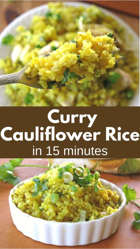 Curry Cauliflower rice on a fork and in a dish below. Califlower Curry, Riced Califlower Recipes, Best Cauliflower Rice Recipe, Cauliflower Rice Recipes Healthy, Curry Cauliflower Rice, Cauli Rice Recipe, Indian Cauliflower Rice, Low Carb Curry, Curry Cauliflower